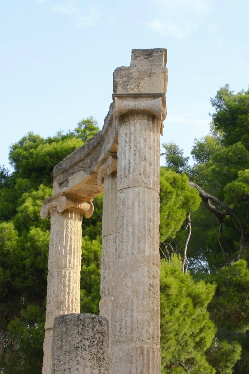 The fallen column drums of the Temple of Zeus at Ancient Olympia, with the sanctuary of the Altis and pine trees behind